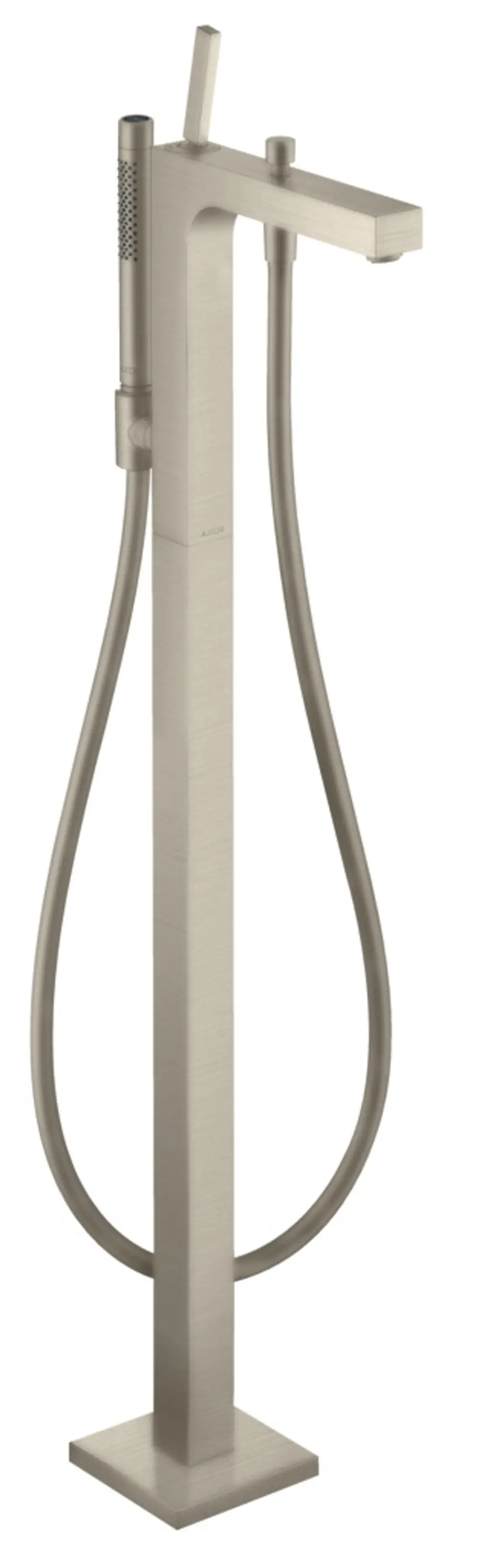Ein AXOR Einhebel-Wannenmischer in gebürstetem Nickel, mit einem hohen Standfuß und einem flexiblen Handbrauseanschluss.